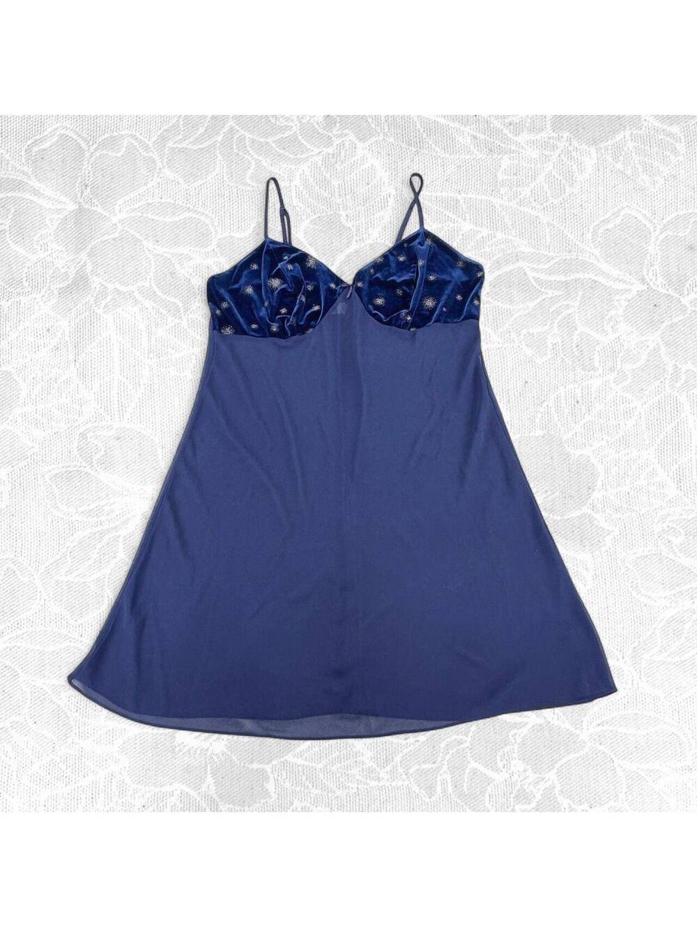 2000s Avon Navy Blue Slip Dress Sheer Body Velvet Bust Star Embroidery - 1X